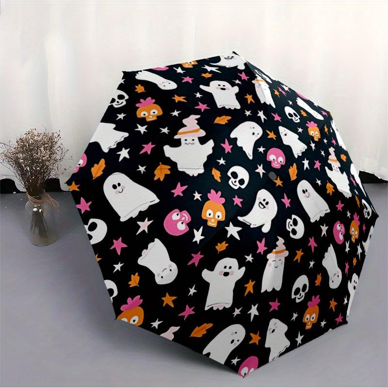 1pc Ghost Halloween Automatic Open/Close Umbrella with One-Touch Button, Compact Folding Canopy, Sturdy 8-Rib Windproof Design