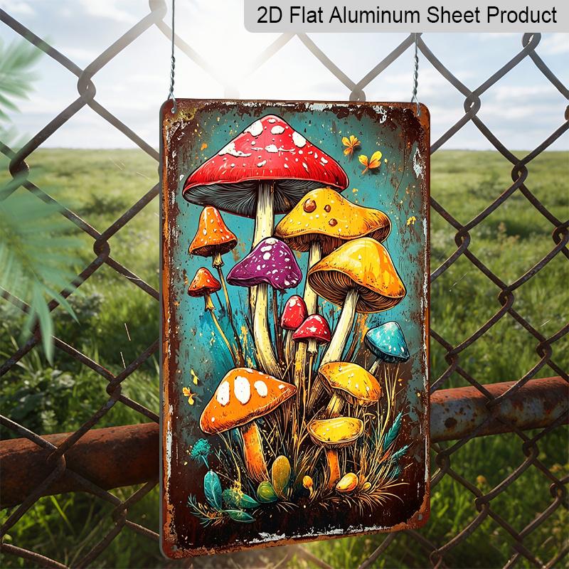 2D Flat, Vintage Colorful Mushrooms Aluminum Sign - Retro Forest Wall Decor Cabin Decor, Forest Themed Room, Rustic Home, Witchy Space, Plant Lover