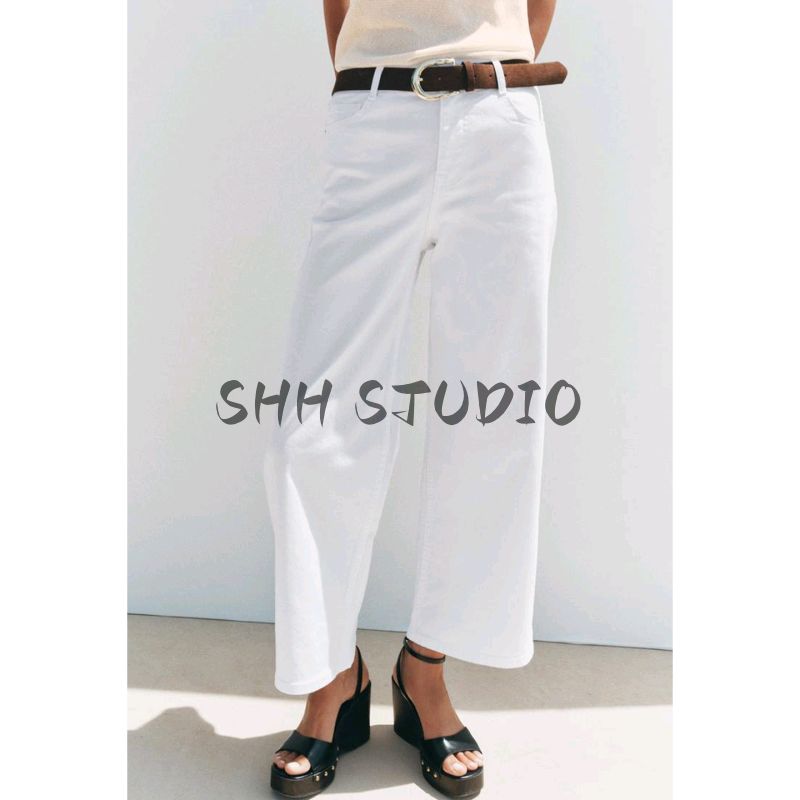 Summer New Women clothes French style Five-Pocket Design With Belt High Waist Wide Leg Denim Trousers 1889152