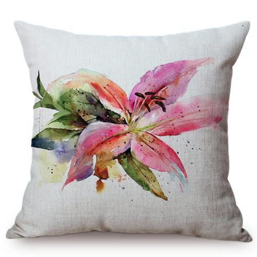 Watercolor Red Flower Splatter Art Sofa Decorative Throw Pillow Case Violet Green Leaves Yellow Petal Cotton Linen Cushion Cover