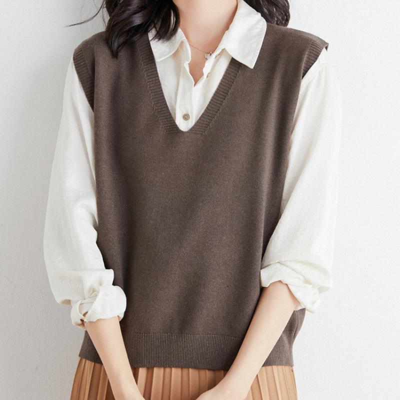 IHUASU Women's Autumn and Winter Loose V-neck Knitted Waistcoat Solid Colour Short Section Sleeve Head Sleeveless Outer Shoulders Vest