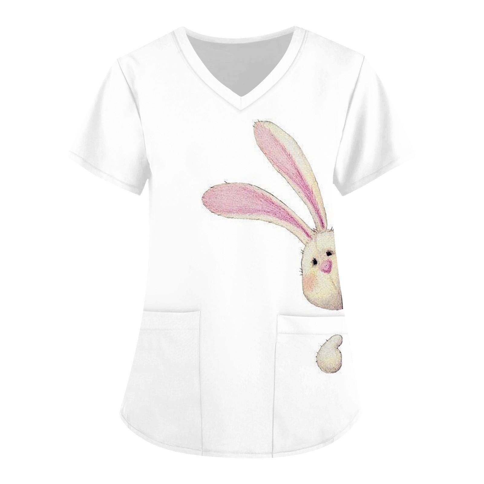 

Женские топы с короткими рукавами и V-образным вырезом с пасхальным принтом, рабочая блузка с карманами XL белый