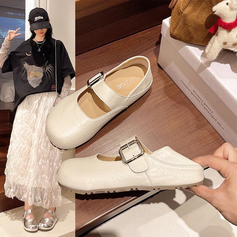 2025 Summer New Shallow Single Shoes Women's Shoes Round Head Low Heels Velcro Fashion Versatile Small Leather Shoes Simple Style