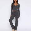 1116 European and American Spring and Autumn New Suit Long Sleeve Button Solid Color Tights Plus Pants Two-piece Set Women