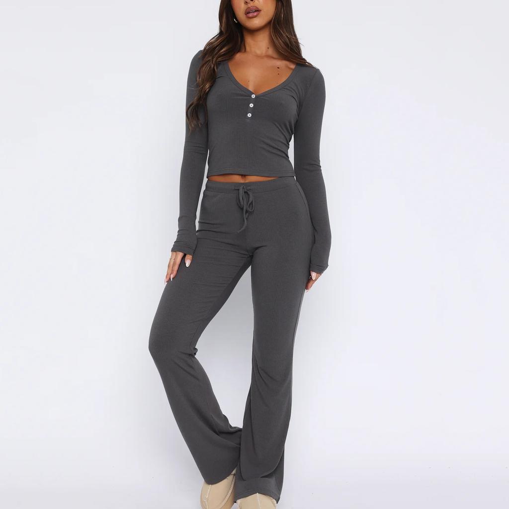 1116 European and American Spring and Autumn New Suit Long Sleeve Button Solid Color Tights Plus Pants Two-piece Set Women