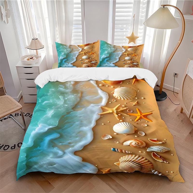 3pcs Beach Themed Seashell Starfish Shellfish Ocean Wave Coastal Decorative Bedding Set, Bedroom or Guest Room, Festive Gift, Anime Cartoon Design
