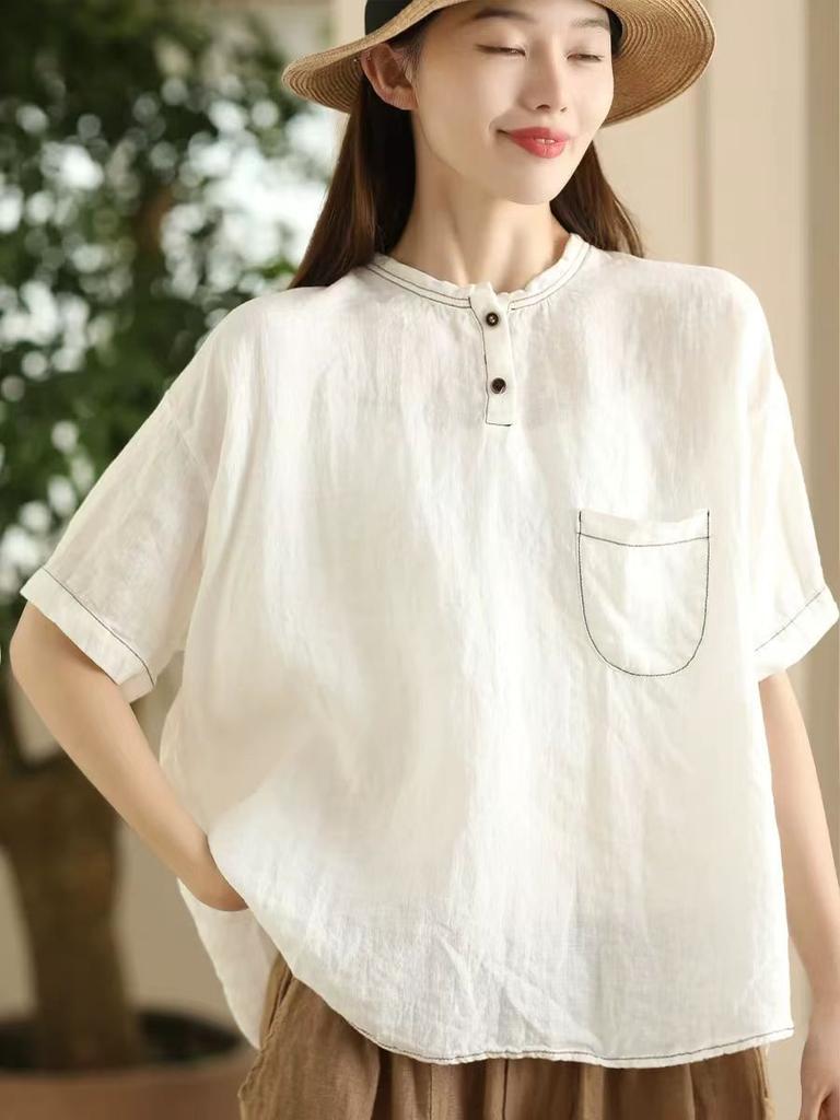 Johnature Women Vintage Patchwork Pockets T-Shirts O-Neck Short Sleeve Solid Color Summer Loose Casual T-Shirts