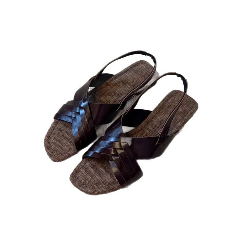 Sheepskin version~ Vintage woven cross-strap flat-soled Roman shoes back strap versatile square head casual open-toed sandals women