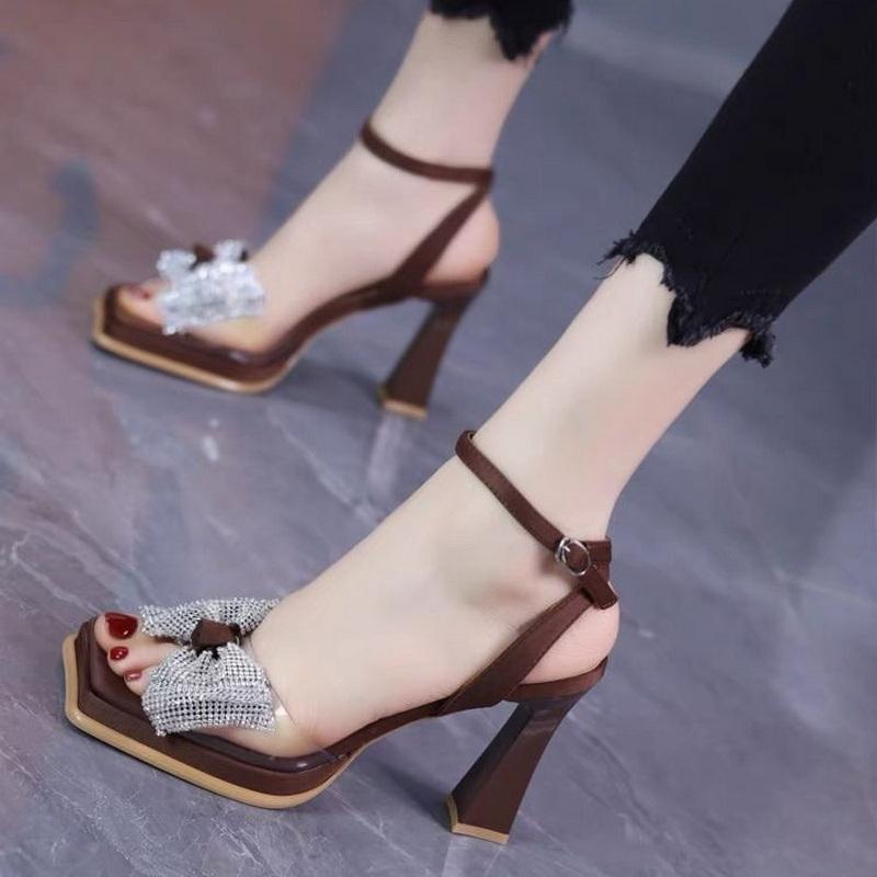 Fashion FHC 2024 New Women Platform Sandals,Rhinestone Bowtie Summer High Heels Shoes,Square Open Toe,Ankle Buckle,Brown,Black,Dropship