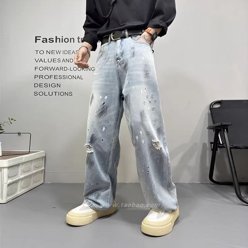 Summer thin American ink splashing ripped jeans men's new straight trendy brand ruffian handsome versatile scimitar pants