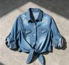 Women's Short Sleeve Lace-Up Denim Shawl Shirt-Jacket