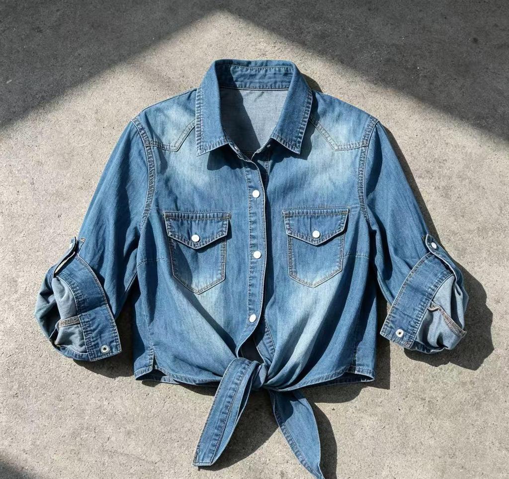 Women's Short Sleeve Lace-Up Denim Shawl Shirt-Jacket
