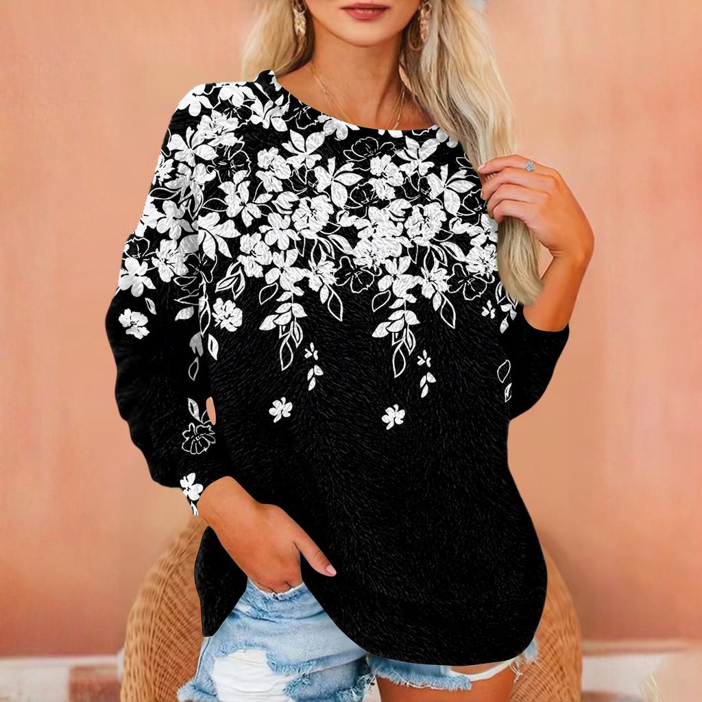 Women's T Shirt Flannel Print Tunic Long Sleeve Party  Round Neck  Tops