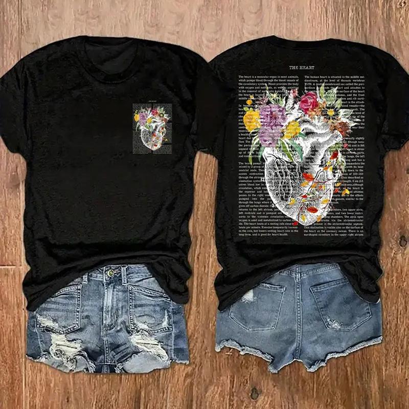 

Женская летняя футболка Ретро мода Футболки с коротким рукавом Повседневные топы с цветочным принтом 8XL серый