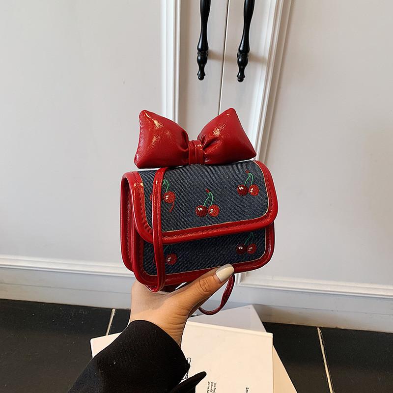 Children Bow Cherry Fruit Pattern Mini Purse With Embroidery Key Girls Holder