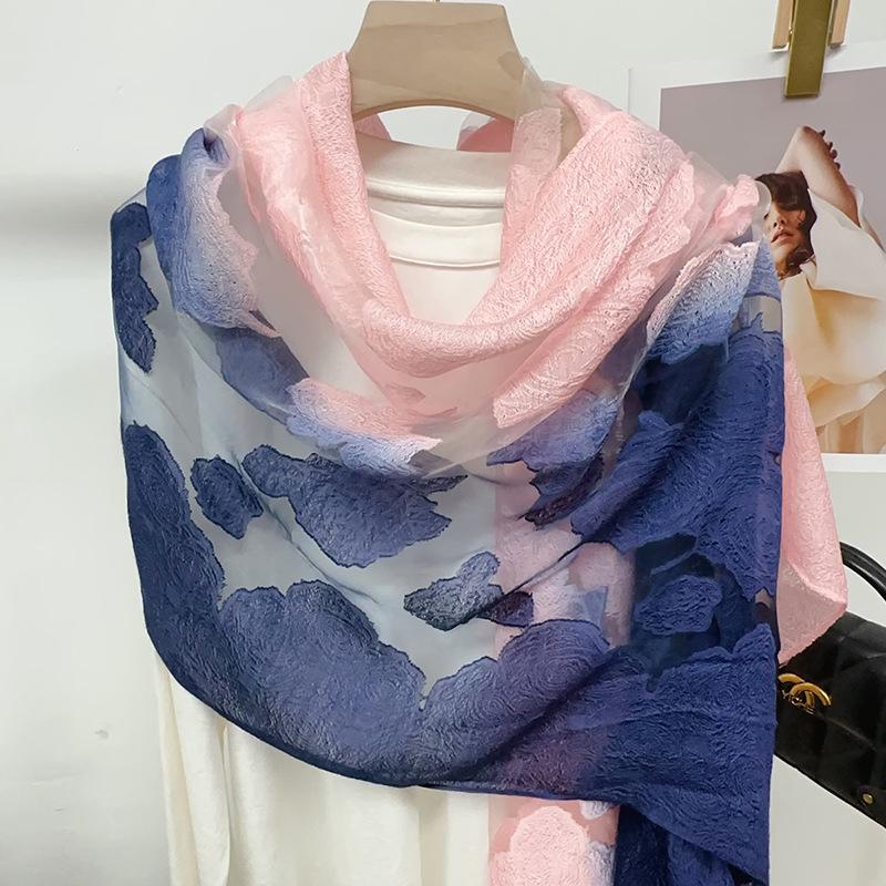 Shawl Scarf Advanced New Gradual Change Flower Long Silk Scarf Yarn Versatile Sunscreen Shawl