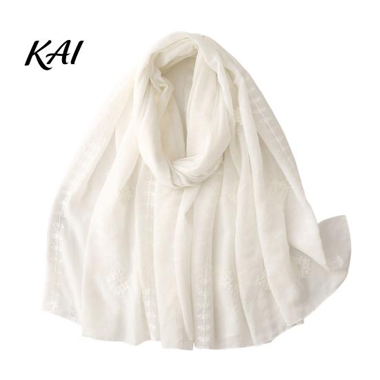 Floral Embroidered Shawl Solid Color for Women, Lightweight Soft Gauze Scarf with Vine Texture, 180x90cm Breathable Wrap Spring Summer Autumn