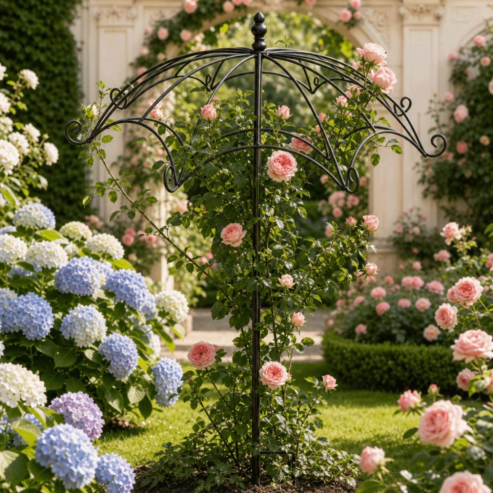 Ausgeschnittene Blumenarrangement-Schirmform-Rankgitter Gartendekoration Pfahlblumenständer Blumenbeet