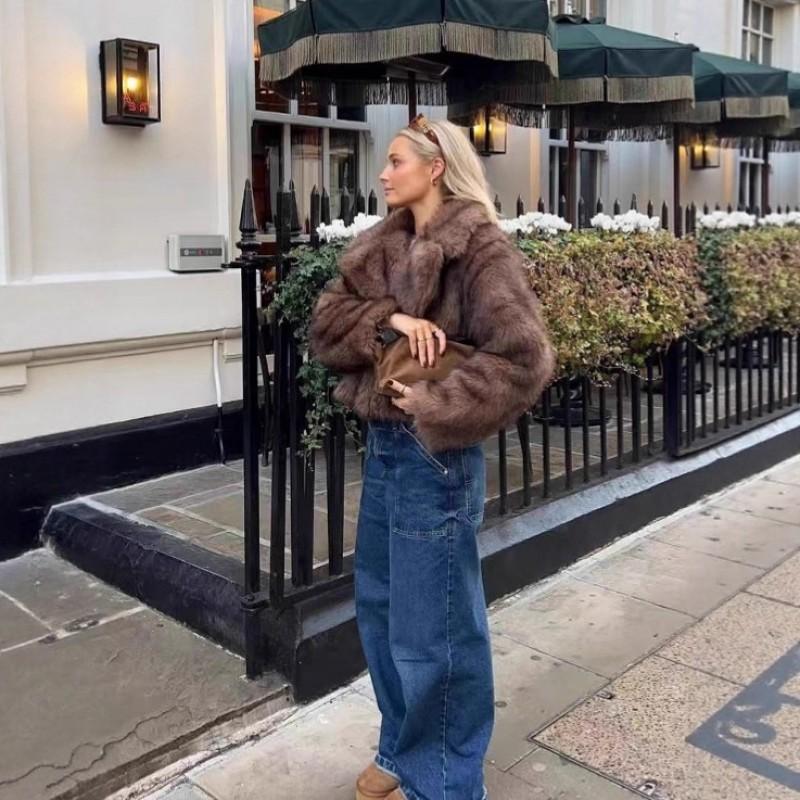 Damski Krótki Płaszcz ze Sztucznego Futra Zimowy Streetwear Stylowa Kurtka Bez Kaptura z Klapami Brązowy Czarny z Końcówkami