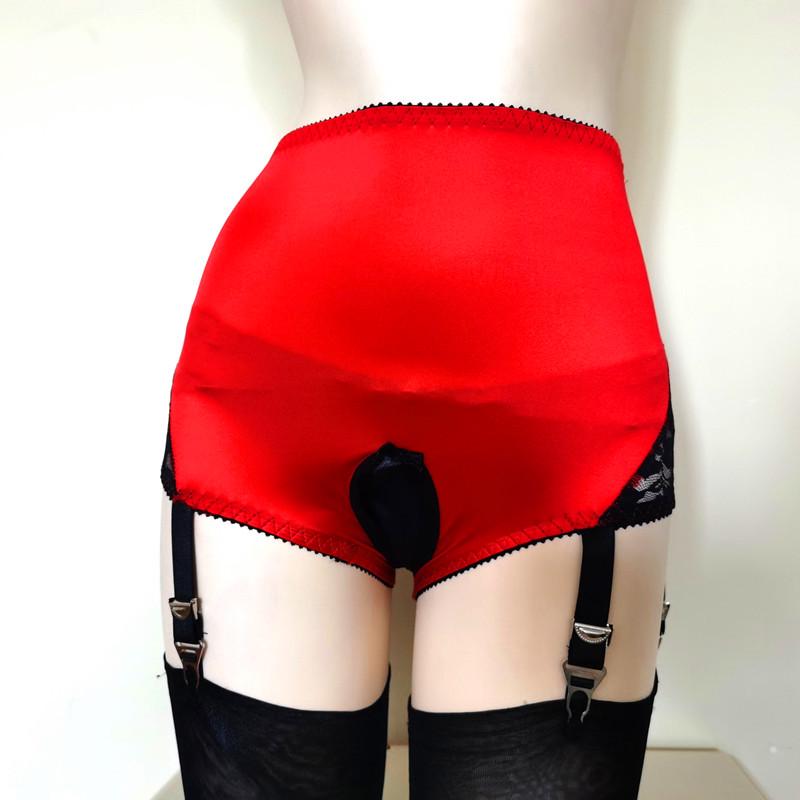 European & American Women's Adjustable Satin Lace Garter Belt with Open Crotch High Waist 6-Claw Short Pants.