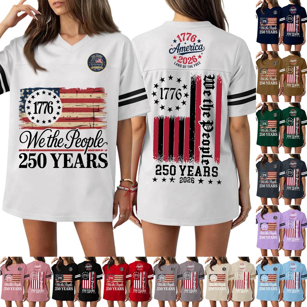Women's Casual Fashion V-Neck Sports Independence Day Print Short Sleeve Sports T-Shirt Top