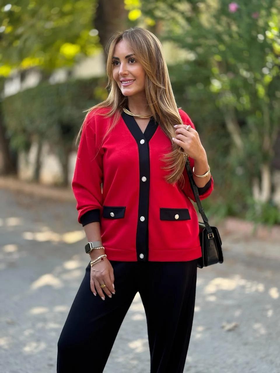 

Europe, America, autumn and winter new Xiaoxiangfeng jacket casual contrasting color V-neck knitted cardigan long-sleeved suit women S
