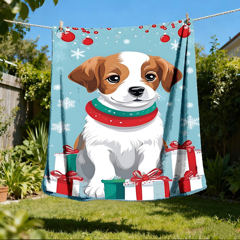 1pc Christmas dog Outdoor Flannel Blanket , Machine Washable Perfect Gift for Birthday , Holiday Travel Accessory , Durable Material