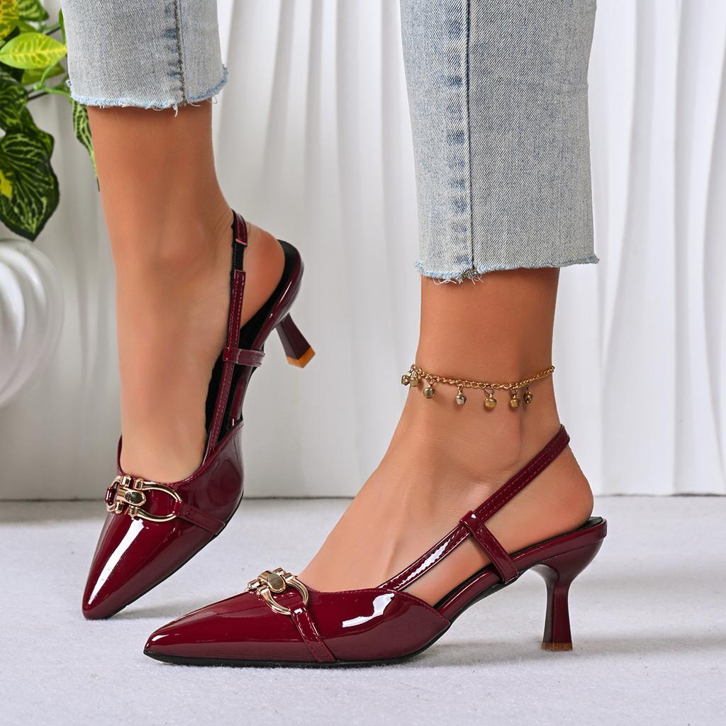 Designer New Women's Dress Shoes Patent Leather Slip on Pointed Toe Sandals Buckle Slingbacks Mid Heels Pumps Sandalias Mujer