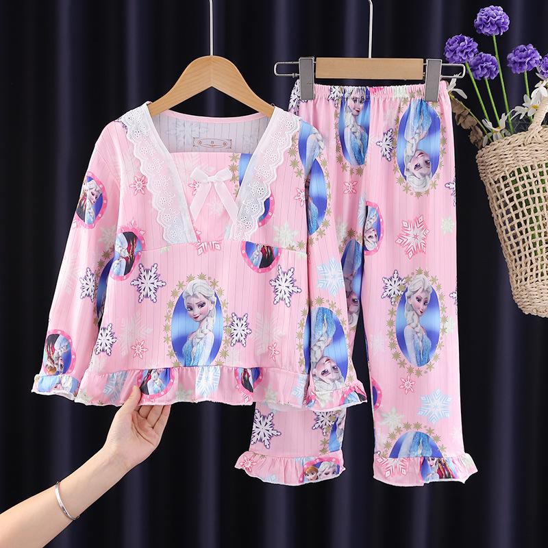 Kids' and Women's Spring Autumn Cartoon Pajama Set - Long Sleeve, Long Pants, KPOP Square Neck Homewear for Middle Large Child Girls