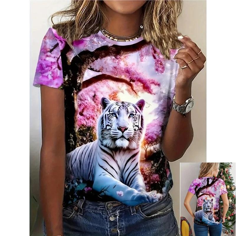 

Летний топ с круглым вырезом и 3D-принтом с животным узором, модная повседневная женская футболка с коротким рукавом XS