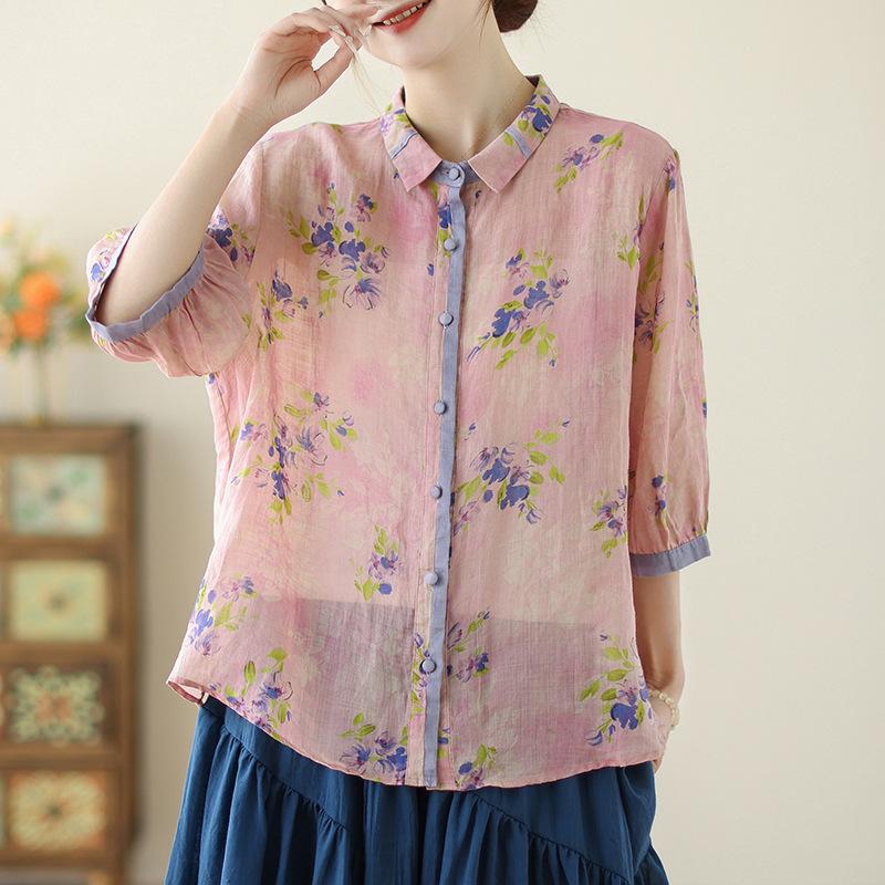 Summer Loose Print Collar Seven Quarter Sleeved Shirt for Women's Shirts Tops