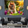 Pomeranian Puppy Tapestry Backdrop, Garden Flower Background for Photoshoot