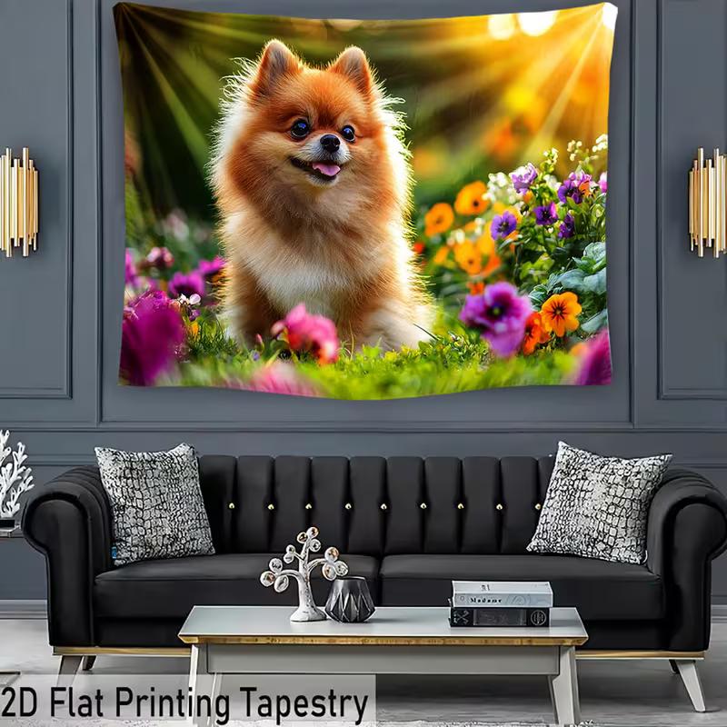 Pomeranian Puppy Tapestry Backdrop, Garden Flower Background for Photoshoot