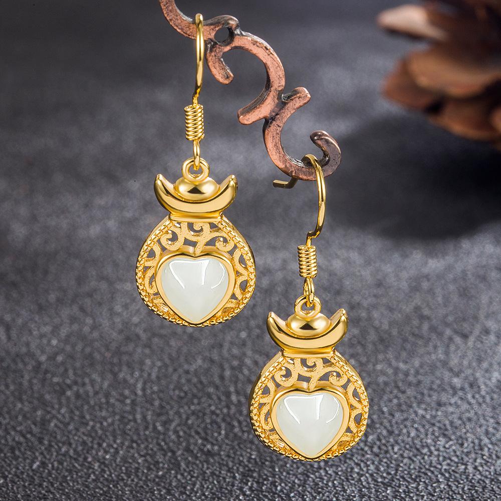 Retro Gold Inlaid Imitation Hetian Jade Heart-Shaped Eardrops Ear Hook Elegant National Style Alluvial Gold Earrings Jewelry