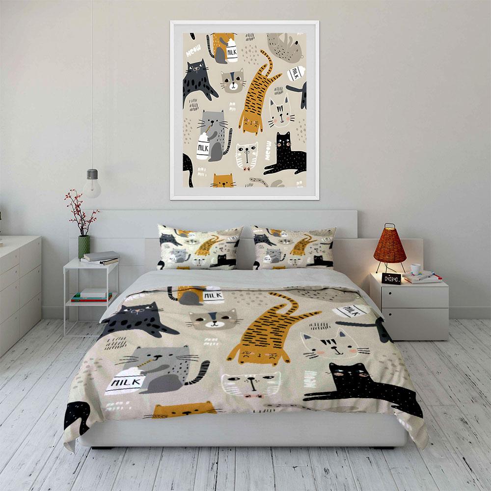 Cute Cartoon Cats and Milk Pattern Bedding Duvet Cover Set (1*Duvet Cover 2*Pillowcases, without duvet insert)