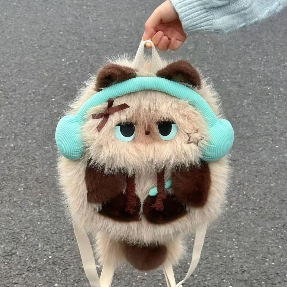 Cute Siamese Cat Plush Backpack Kawaii Student School Bag Simulation Animal Shoulder Bag  Shopping