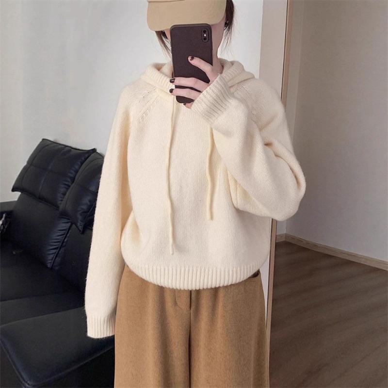 Design sense niche hooded knitted sweater top women's autumn and winter new small wear loose pullover sweater