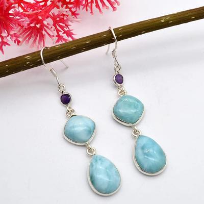 Natural Larimar Amethyst Earring,925 Sterling Silver Earring Boho Earring Handmade Designer Drop & Dangle Earring
