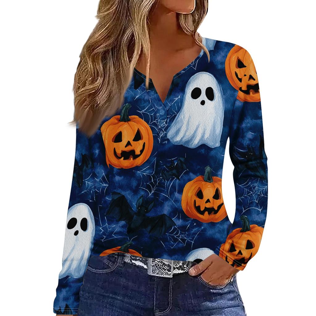Women's Halloween Print V-Neck Long Sleeve T-Shirt with Button for Casual Holiday Wear