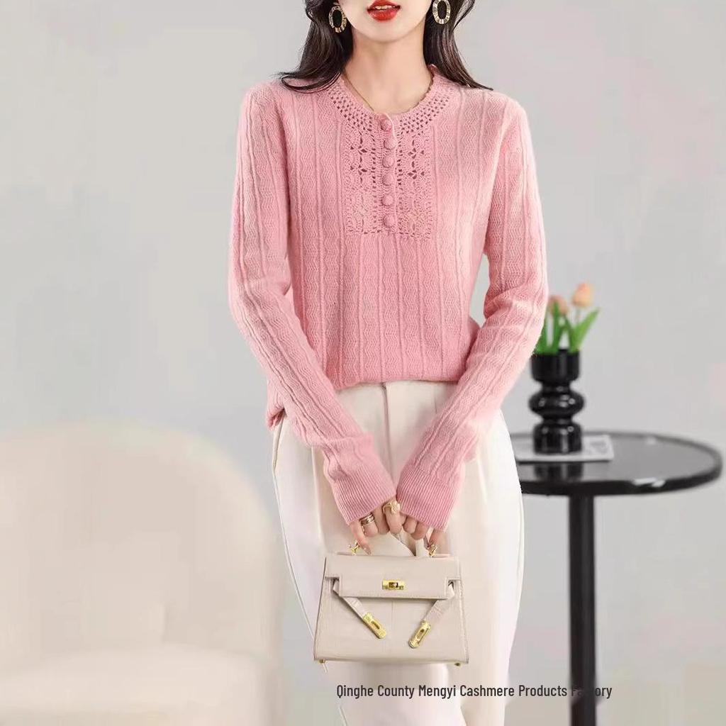 Mengyi Autumn/Winter Women's Wool Sweater: Half-Zip, Round Neck, Hollow Knit, Loose-Fit Versatile Base Layer