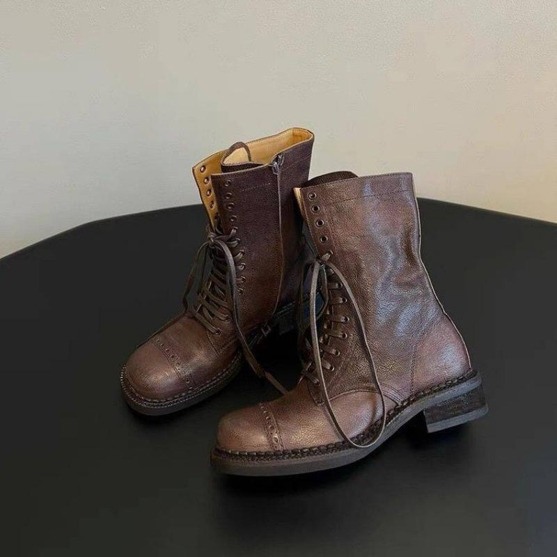 

модні жіночі ботильйони на шнурівці Дівчина Ковбой Мотоцикл Тренд Новий рок Панк Мода Дизайнерське взуття на низьких підборах Шкіряні чоботи з круглим носком 40 коричневий