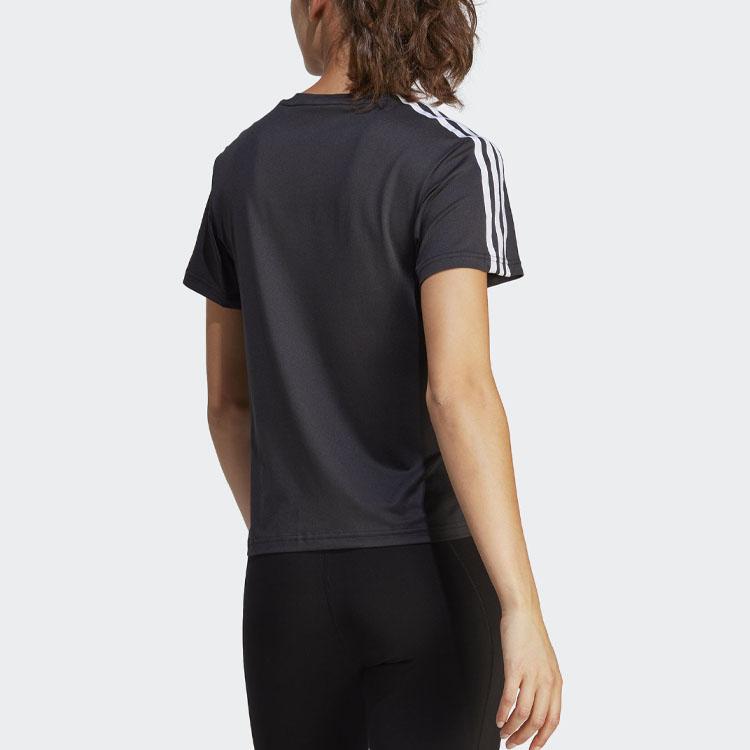 Adidas Color-Block Logo Print Striped Shoulder Crew Neck Short-Sleeve T-Shirt Women Tops Black IC5039