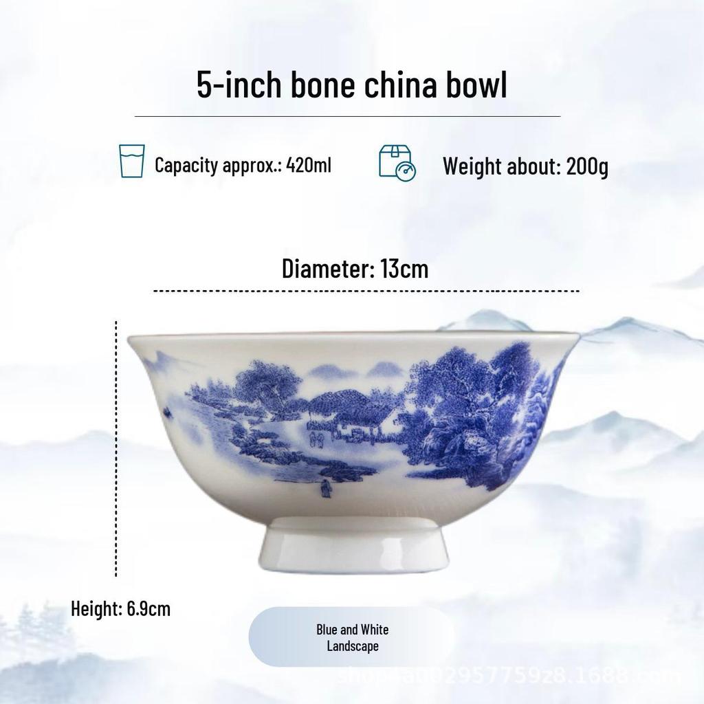 Blue and White High-Foot Bone China Noodle Bowl - Chinese-Style, Anti-Scald, Customizable for Birthdays