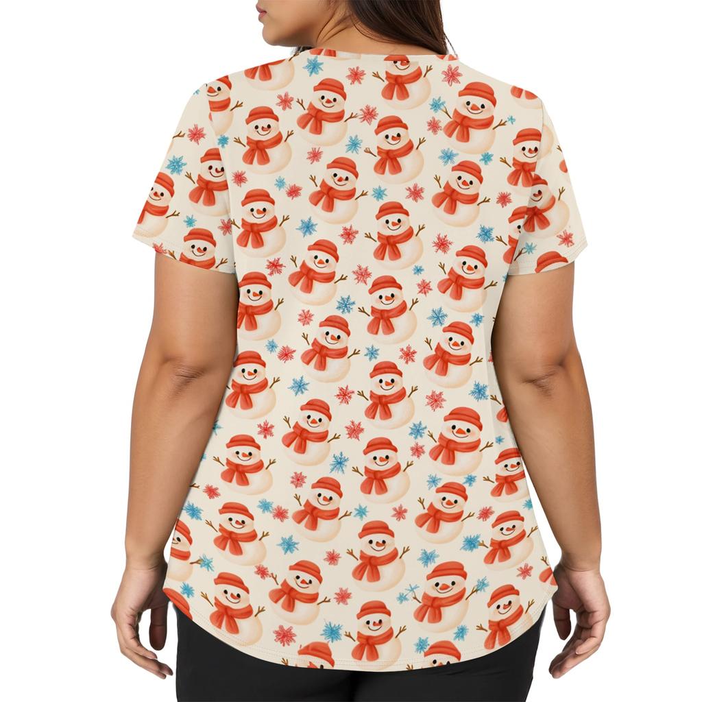 Women's Christmas Print V-Neck Short Sleeve Work Shirt with Pockets Caregiver Uniform Top