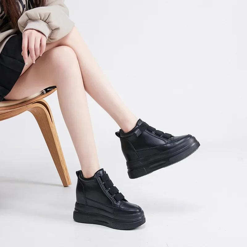 10cm Ankle Boots Genuine Leather Women Wedge Shoes Platform Sneakers High Heel Spting Autumn Plush Casual HighShoes