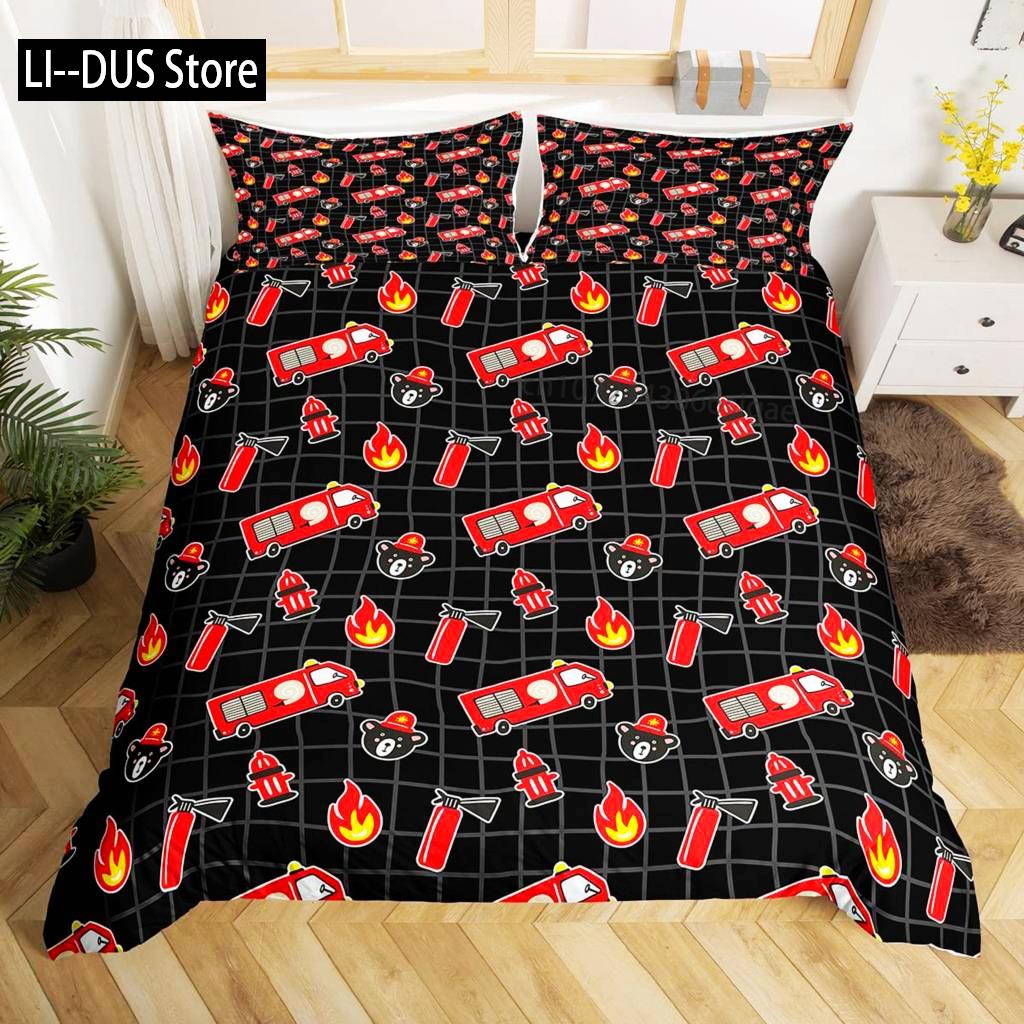 Fire Truck Duvet Cover Set Twin Size Red Firemen Car Vehicle Bedding Set Fire Engine Pattern For Boys Tire Printing Quilt Cover