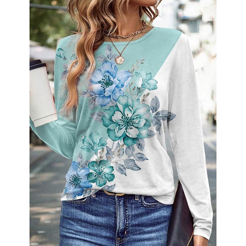 Modischer Damenpullover mit Blumen-/Schmetterlingsgrafik, lässige Streetwear, O-Ausschnitt, Basic, langärmeliges T-Shirt, mikroelastisches Sweatshirt