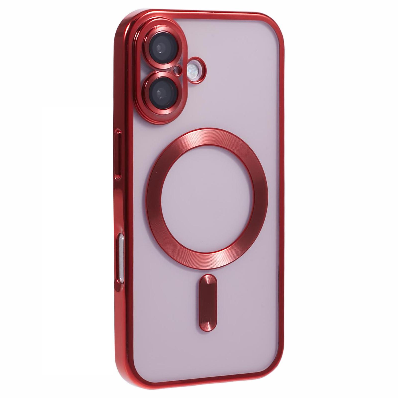 

For iPhone 16 Plus Magnetic Case Electroplating Frame TPU Phone Cover with Lens Film Red