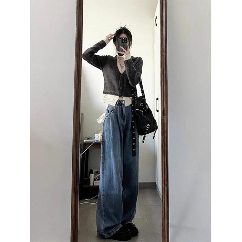 Šedý pletený kardigan s efektem dvou dílů Dámský 2024 Jaro a Podzim Malý výstřih do V Základní top Svetr Svrchní oděv