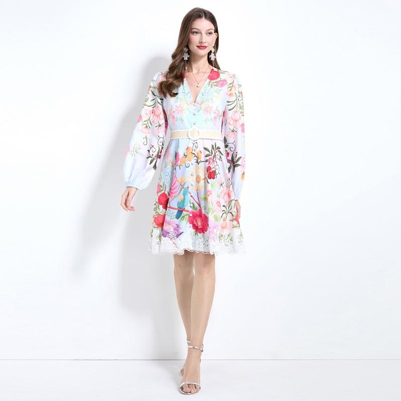 Spring Autumn Women V-neck Print Lace Patchwork Mini Short Chic Beach Holiday Dresses With Belt